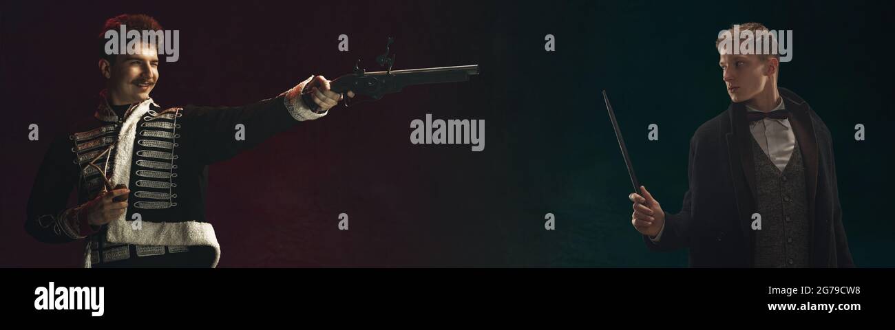 Two men, art characters in vintage clothing on dark background. Concept ...
