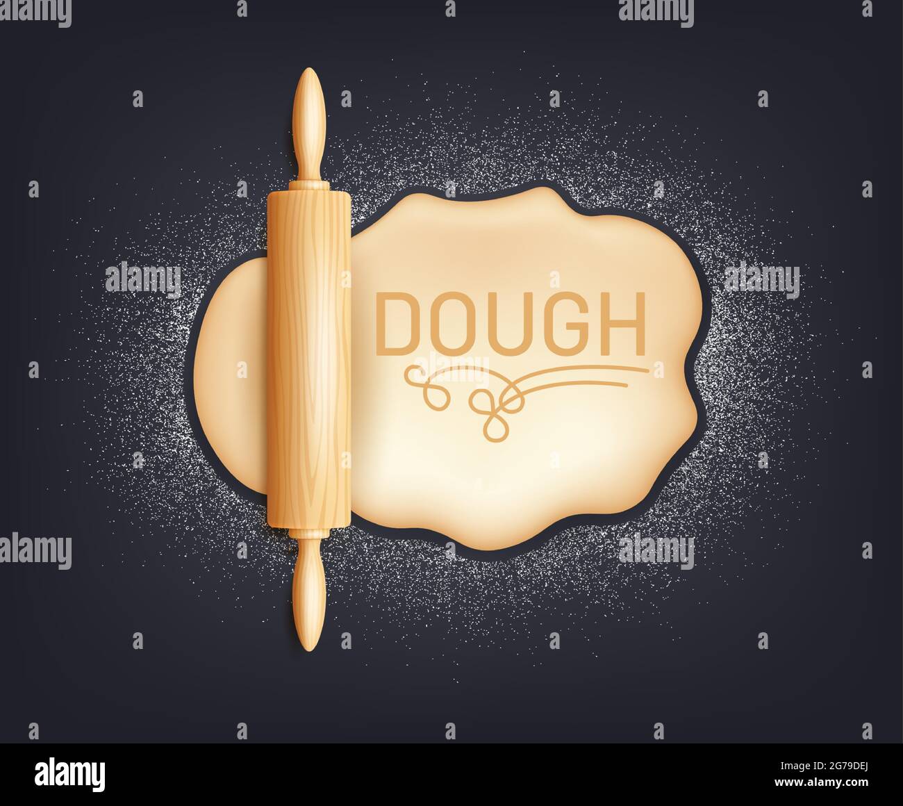 Realistic wooden rolling pin and kneading dough with flour. Design concept for baking, pizza, cookies, biscuits, bread. Dark board background, vector Stock Vector