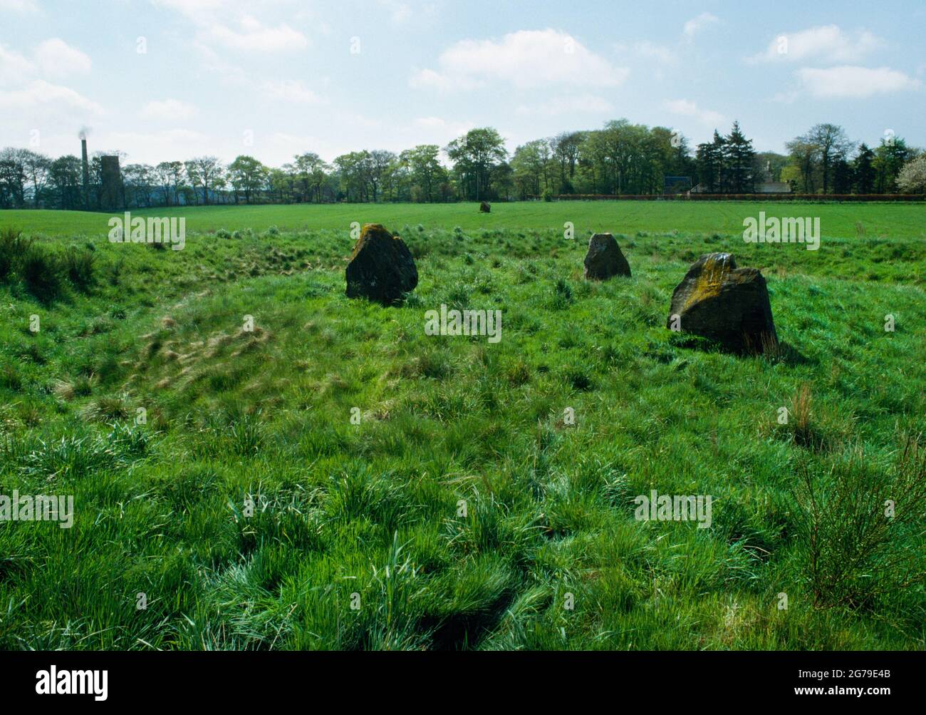 View S of the central platform, ditch & earthen bank of Broomend of Crichie circle-henge, Inverurie, Aberdeenshire, Scotland, UK: avenue stone to rear Stock Photo