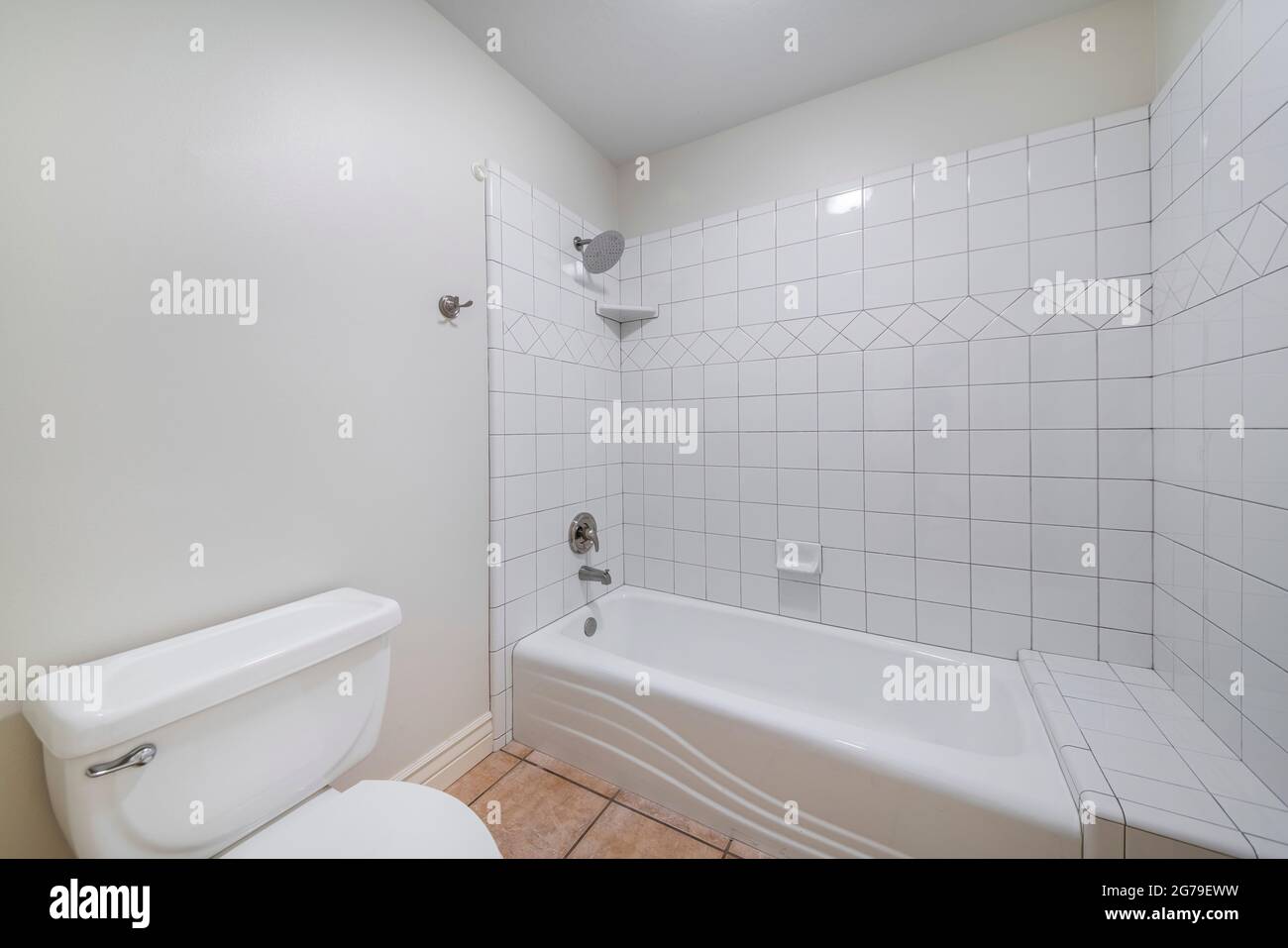 Interior Of A Bathroom With Toilet Bowl And Alcove Bathtub Shower Combo With Tiles Stock Photo Alamy
