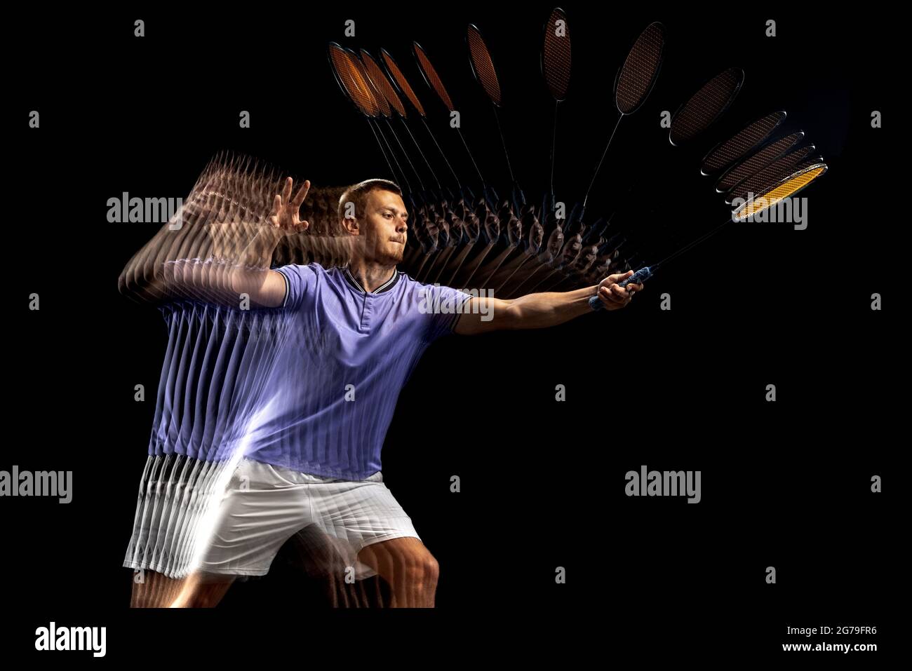 Portrait of young man, male badminton player, shuttler in motion and ...