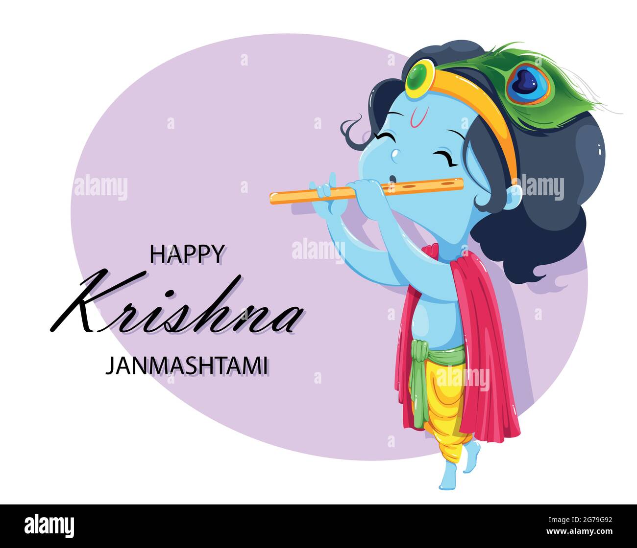 Happy Krishna Janmashtami greeting card. Lord Krishna kid paying flute