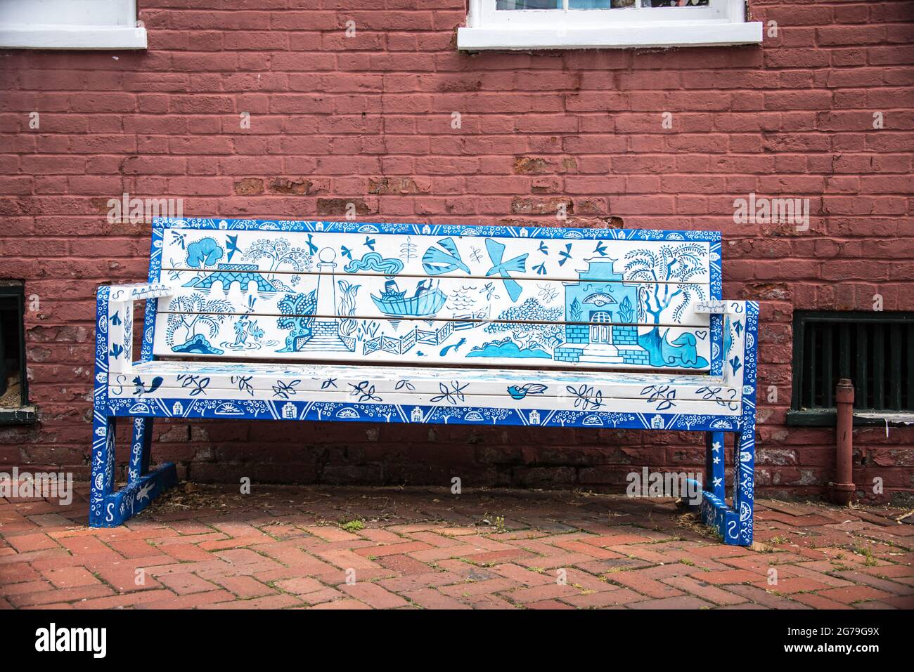 Decorated street benches in Shepherdstown, West Virginia Stock Photo
