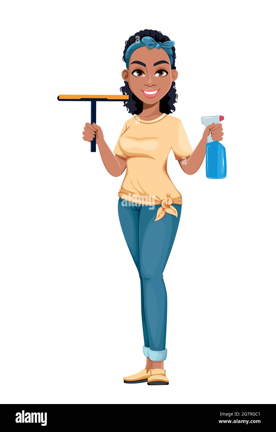 Pretty African American housewife holding sprayer and squeegee. Cute lady  cartoon character doing domestic work. Stock vector illustration Stock  Vector Image & Art - Alamy