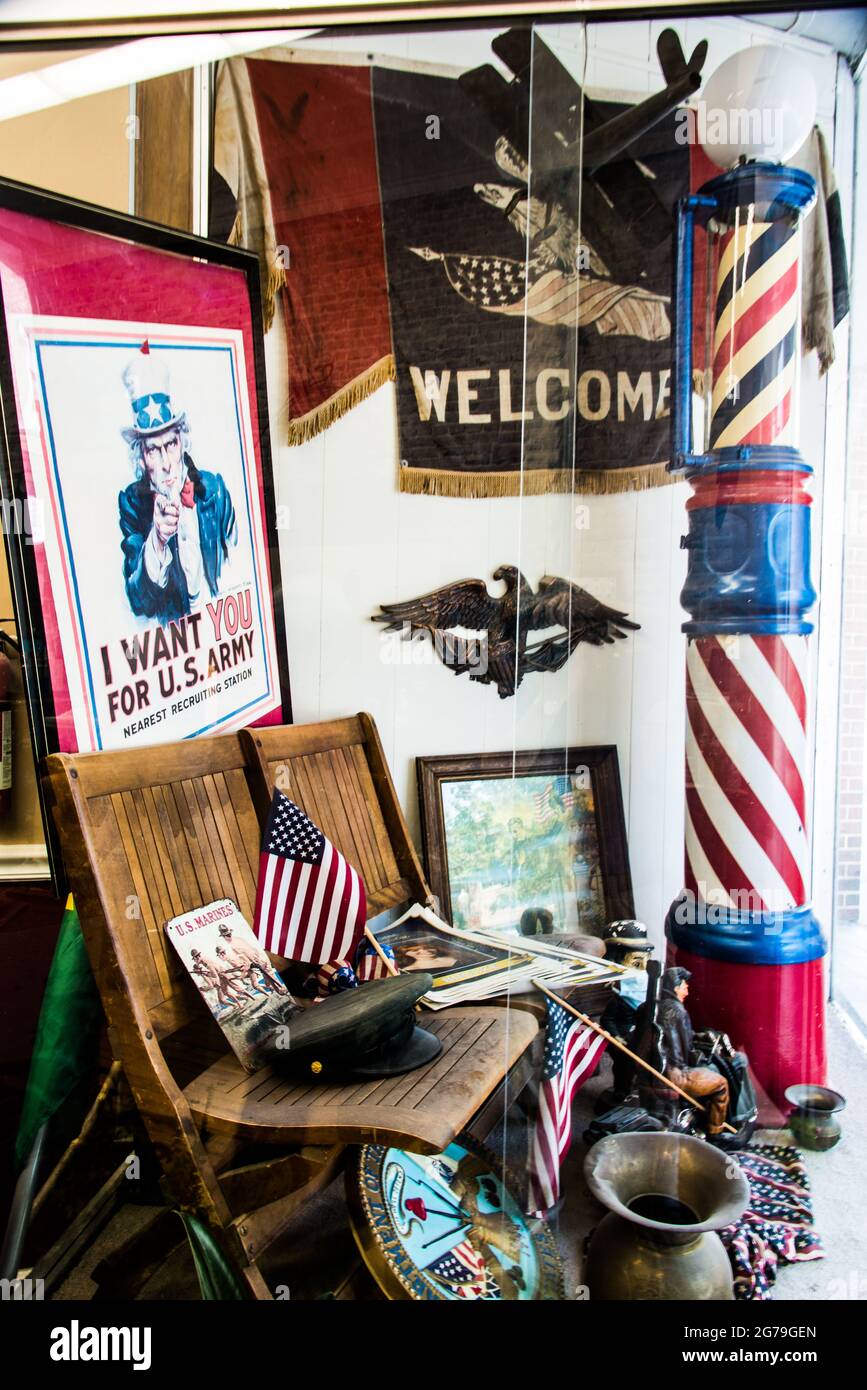 A barber shop window in Martinsburg, WV Stock Photo