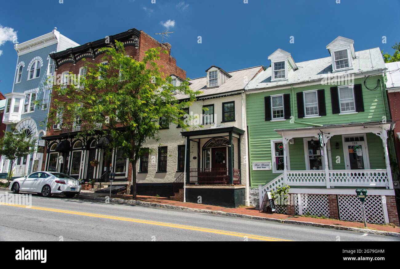 Houses line W. German Street in Shepherdstown, WV, leading up the hill
