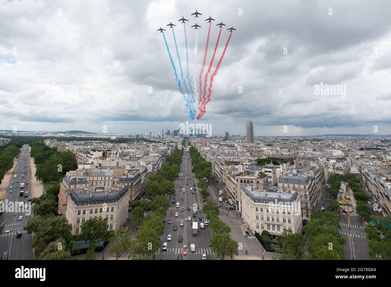 Alphajet airplanes of the French elite acrobatic flying team Patrouille de France (PAF) fly over Paris, during a practice session prior to July 14s Bastille Day Parade, on July 12, 2021. Photo by Raphael Lafargue/ABACAPRESS.COM Stock Photo