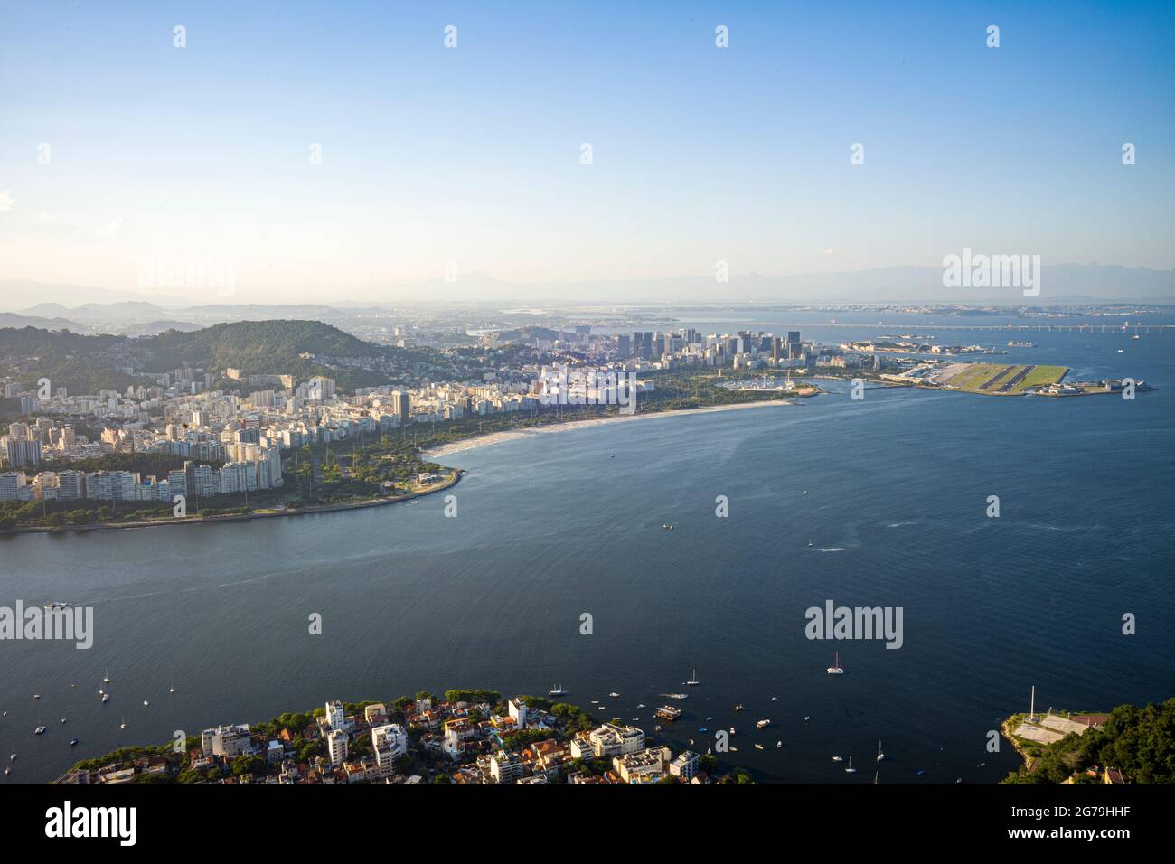 Panoramic view of Rio de Janeiro at sunset as viewed from Sugar Loaf mountain peak. Shot with Leica M10 Stock Photo