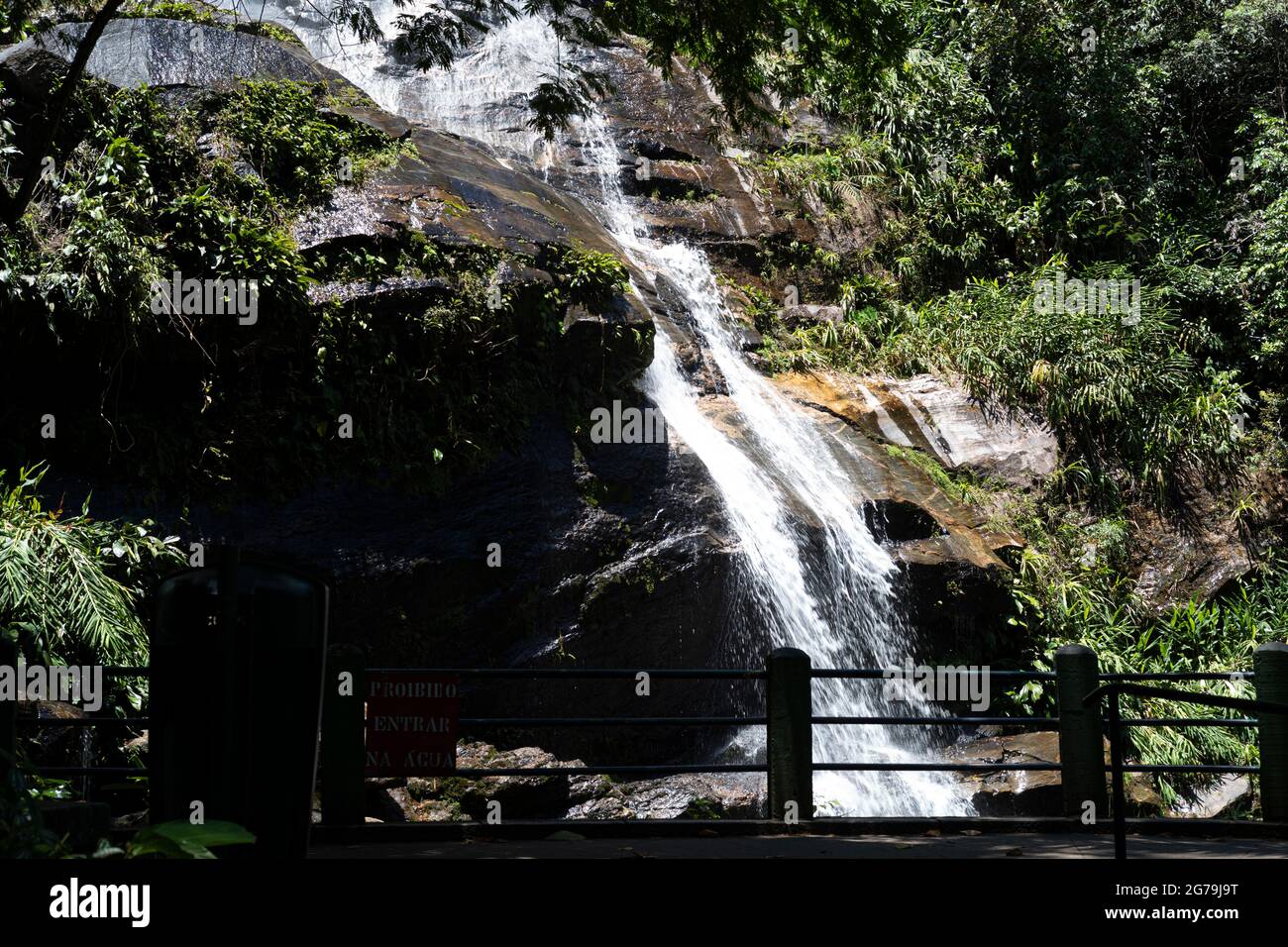 Beautiful waterfall called 'Cascatinha Taunay' on green nature in the Atlantic Rainforest, Tijuca Forest National Park in Alto da Boa Vista, Rio de Janeiro, Brazil Stock Photo