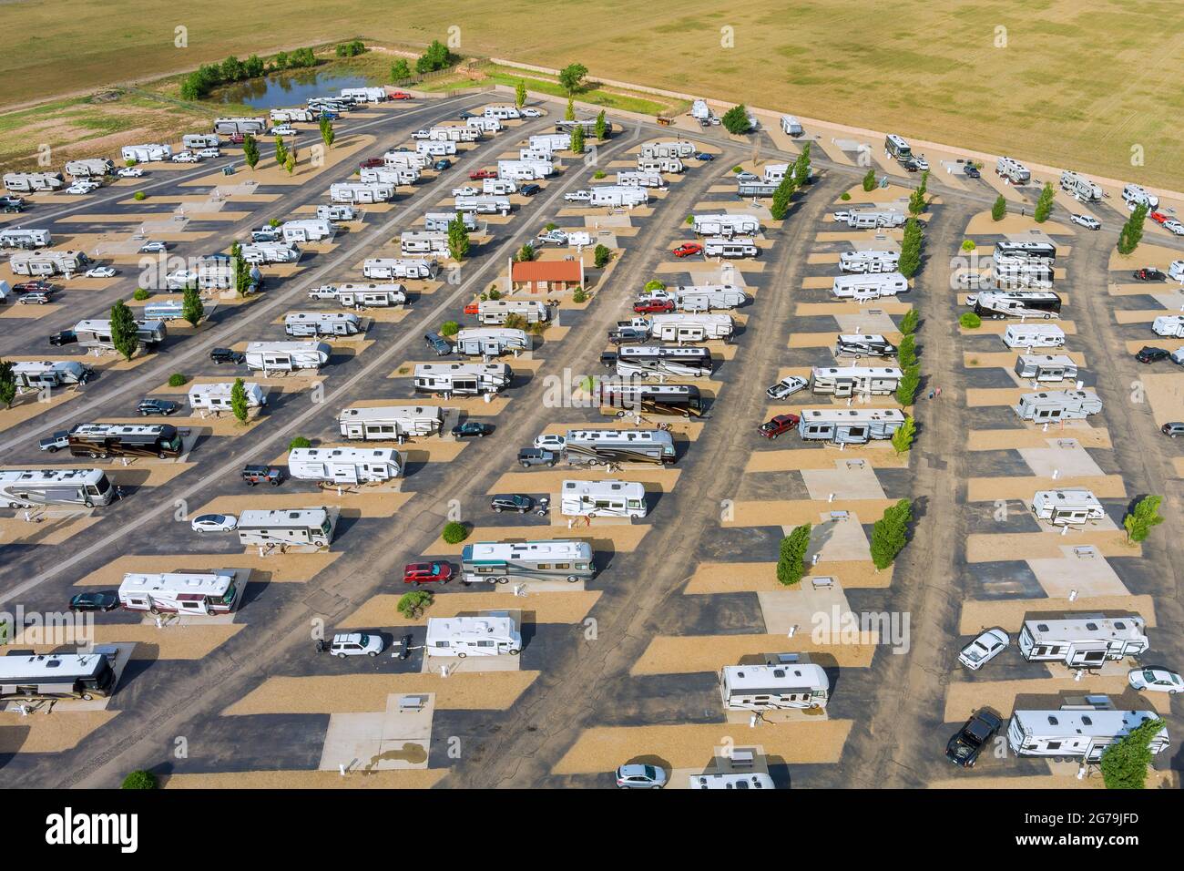 Aerial view of RV camping park Resort with travel clubhouse Stock Photo