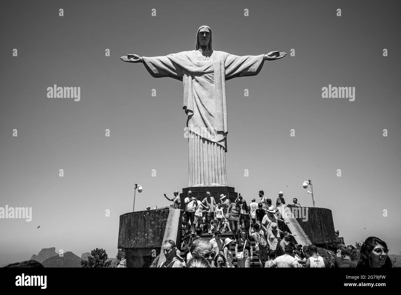 Lots of Tourists at the Christ the Redeemer (Cristo Redentor) statue atop the Corcovado Mountain in Rio de Janeiro, Brazil. Stock Photo