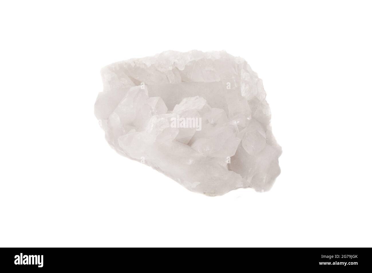 A clear quartz cluster rock photographed against a white background Stock Photo