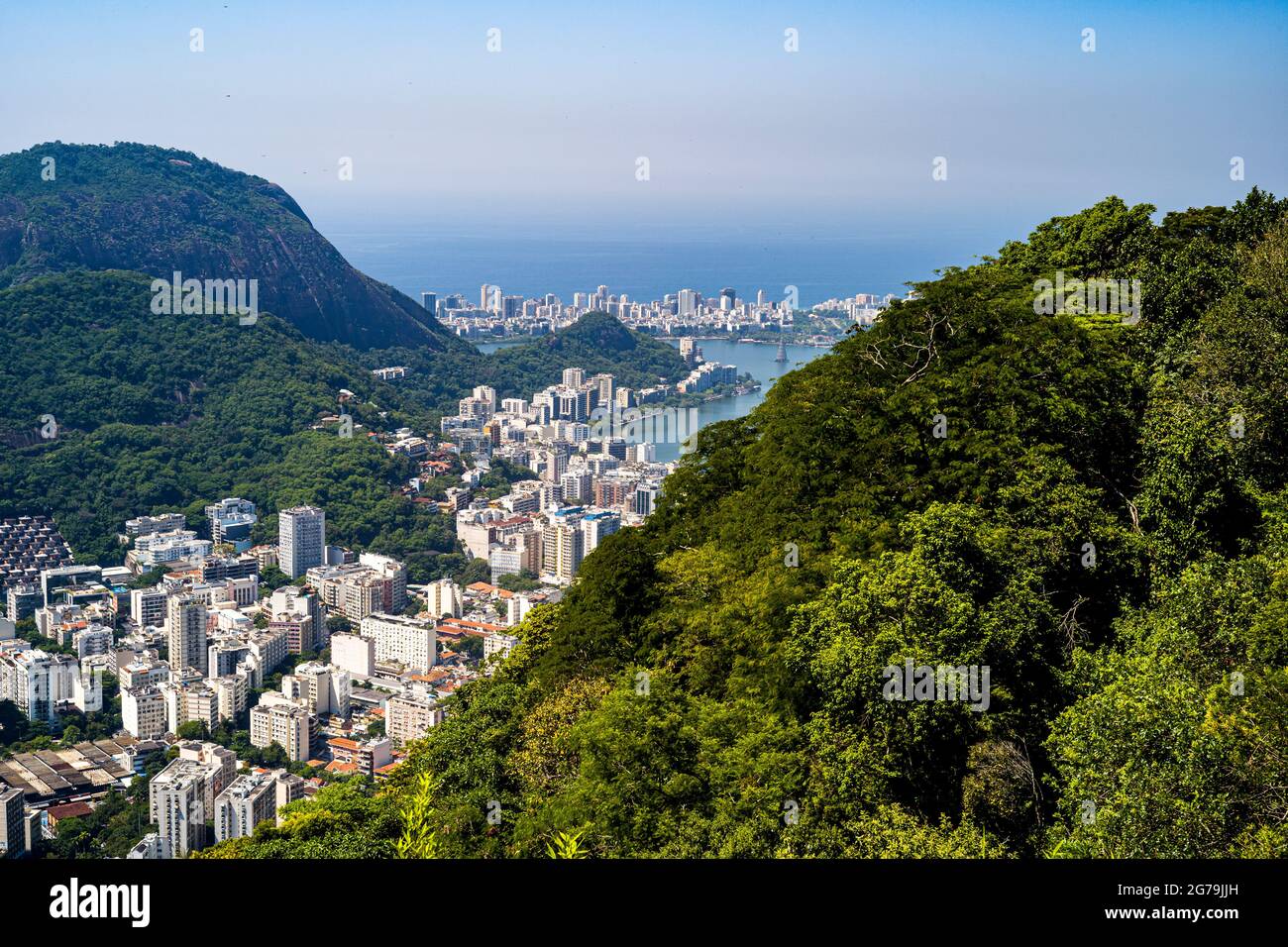 Enjoying the spectacular View from Mirante Dona Marta on Guanabara Bay on a clear day with blue sky and mountains in the background and Atlantic Ocean in Rio de Janeiro, Brazil, South America Stock Photo