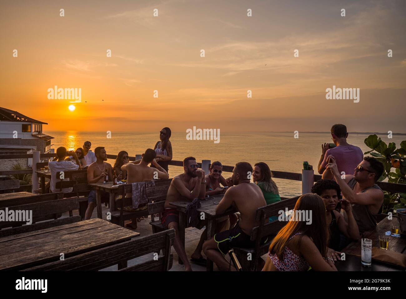 Enjoying the wonderful sunset at Prainha da Barra de Guaratiba from the Marambaia Roof Top Cafe rio Stock Photo