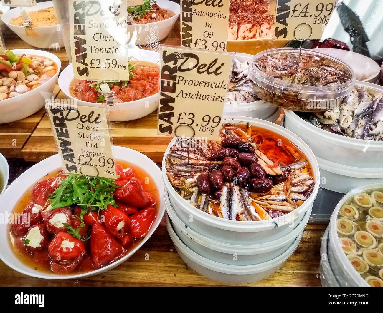 Belfast, UK, December, 2019. Pickled dishes with price tags from SAWERS, SAWERS, a famous food shop in Belfast city. Stock Photo