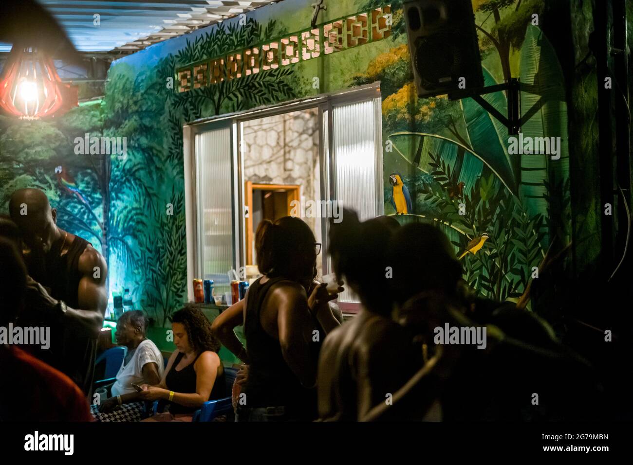 Party hard through the night with the locals - the Cariocas - in the favela 'Pereira da Silva' in Santa Teresa, Rio de Janeiro. Shot with Leica M10 Stock Photo