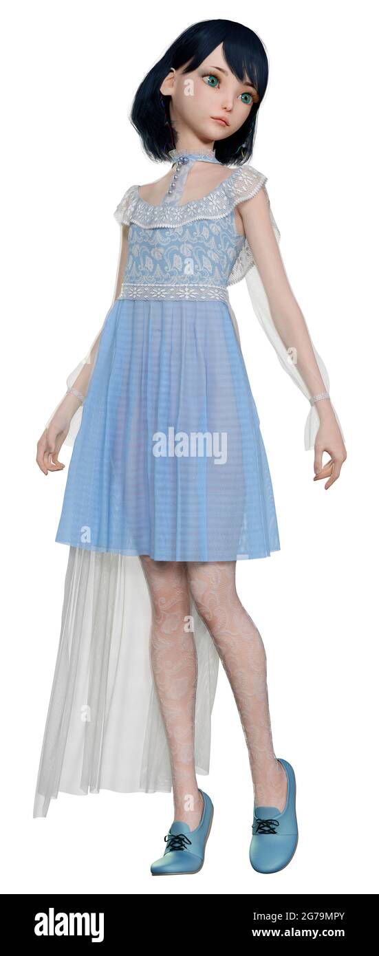 Doll Renders 3D rendering of a pretty doll in a blue vintage dress isolated on white ...