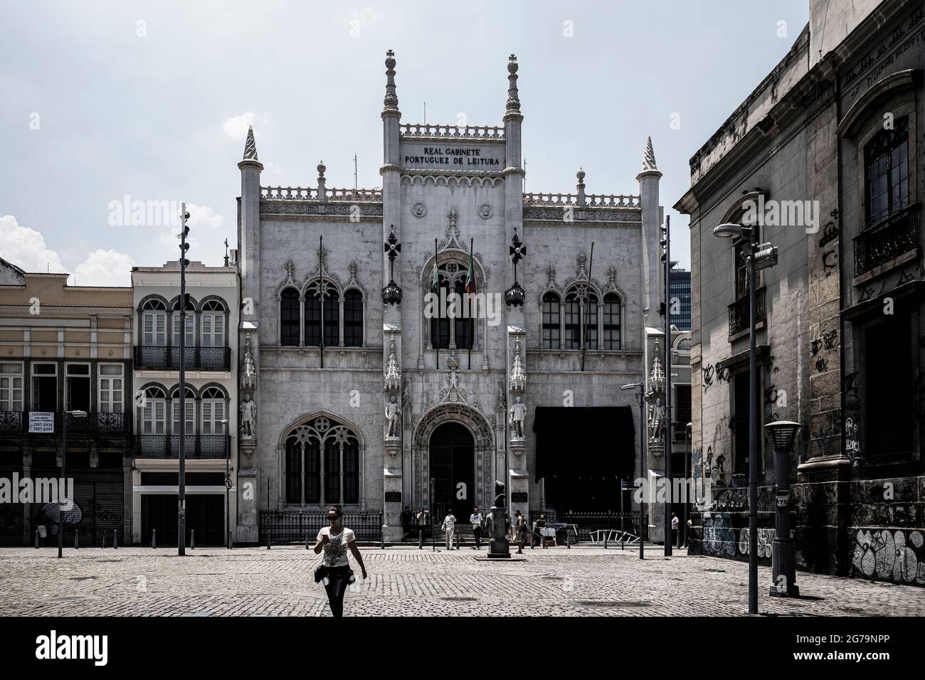 Outside the Royal Portuguese Cabinet of Reading or Real Gabinete Portugus da Leitura. It has the largest and most valuable literary of Portuguese outside Portugal. Rio de Janeiro, Brazil Stock Photo