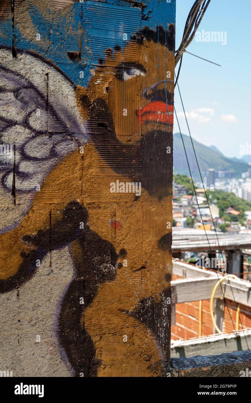 Graffiti in the favela vidigal slum - on the way up to Morro Dois Irmaos (Two Brothers Hill) in Rio de Janeiro, Brazil - shot with leica m10 Stock Photo