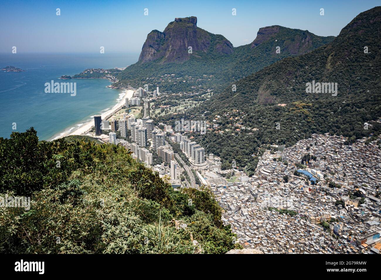 Panoramic view of SÃ£o Conrado neighborhood, Pedra da Gávea (Gávea Rock) and Rocinha slum from Morro Dois IrmÃ£os (Hill Two Brothers) - Rio de Janeiro, Brazil Stock Photo