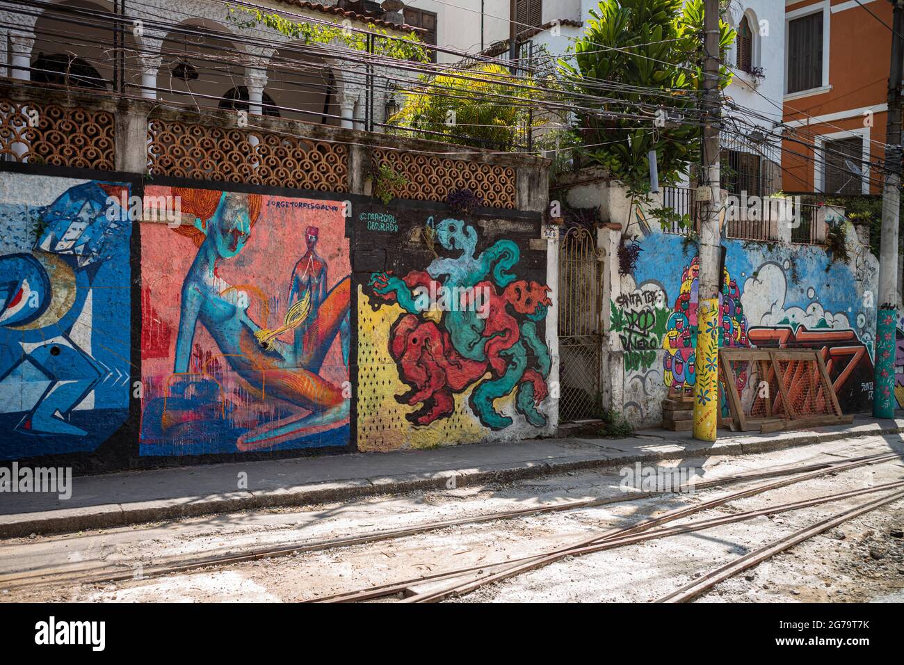 Graffiti street art murals line the streets and back alleys of Rio de Janeiro, especially in the Santa Teresa and Lapa neighborhoods. Stock Photo