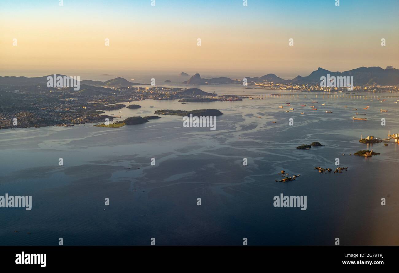 High above Rio de Janeiro - Shot taken from the Plane, heading in the direction of Galeao International Airport (Aeroporto Internacional Tom Jobim) - Brazil, South America Stock Photo