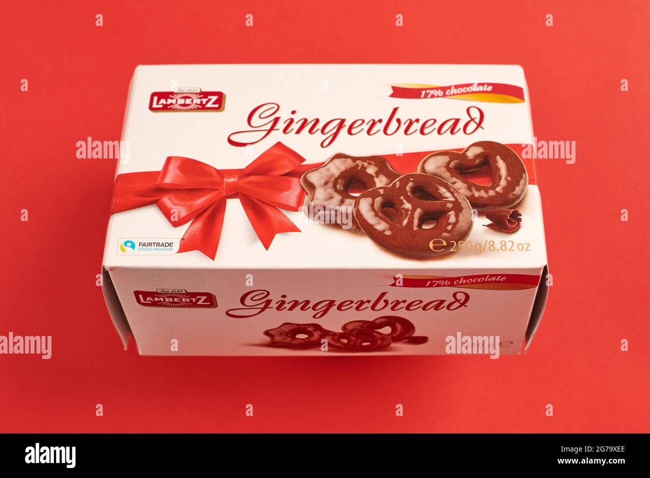 KALININGRAD, RUSSIA - 03.27.2021 - Lambertz gingerbread cookies. Very tasty gingerbread cookies box on red background Stock Photo