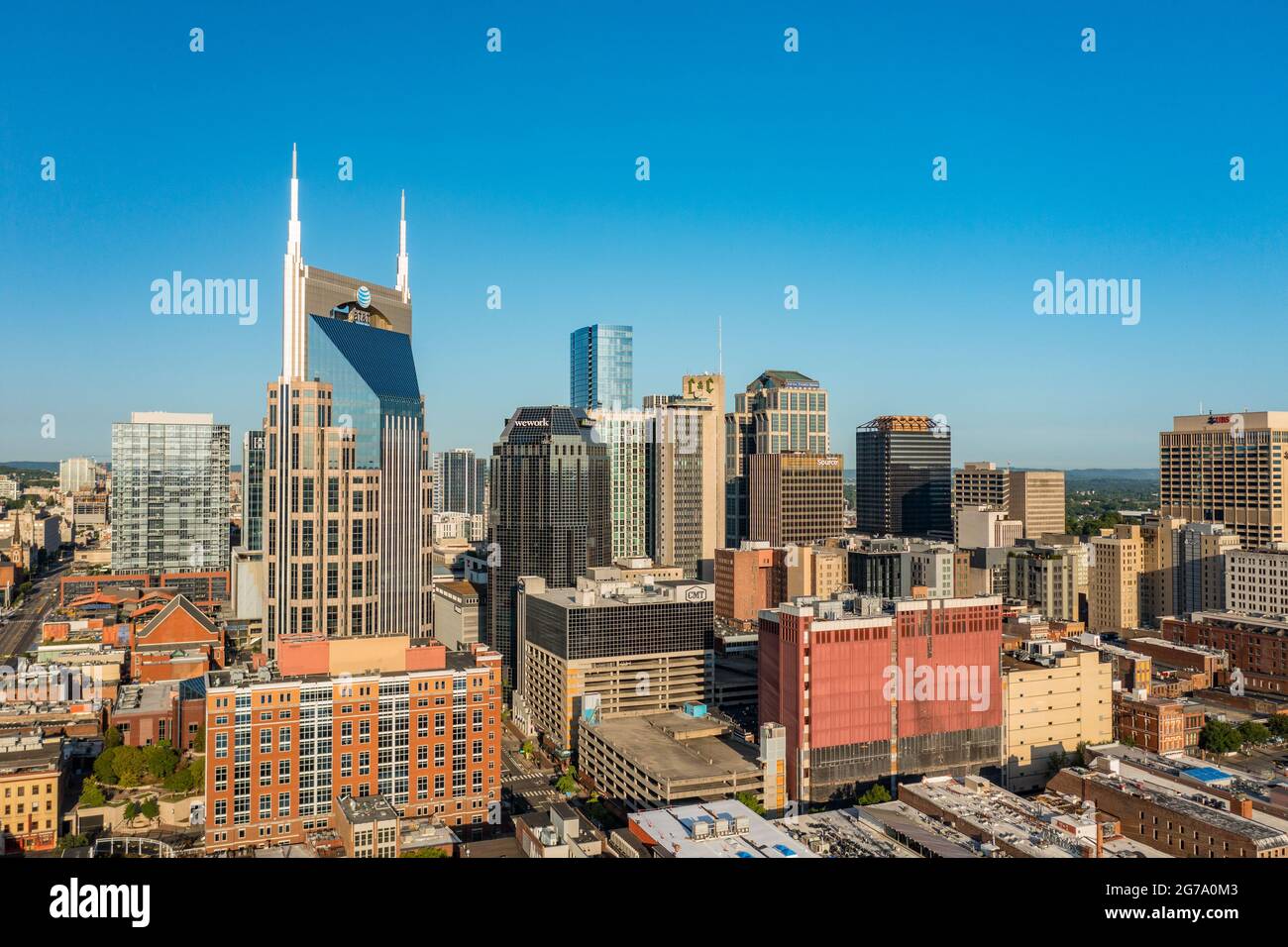 Nashville, Tennessee - 28 June 2021: Aerial drone view of the financial downtown district of Nashville Stock Photo
