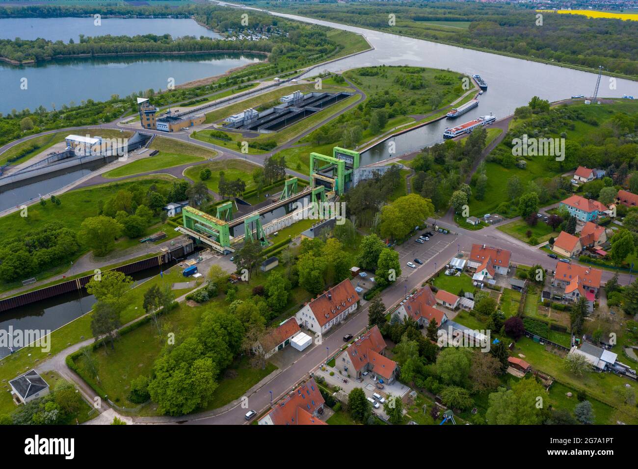 Germany, Saxony-Anhalt, Hohenwarthe, Rothensee lock on the Mittelland Canal, technical monument. Stock Photo