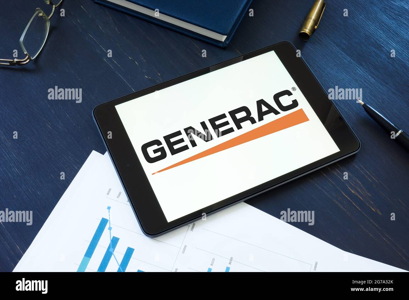KYIV, UKRAINE - June 30, 2021. Generac Power Systems company logo on the tablet. Stock Photo