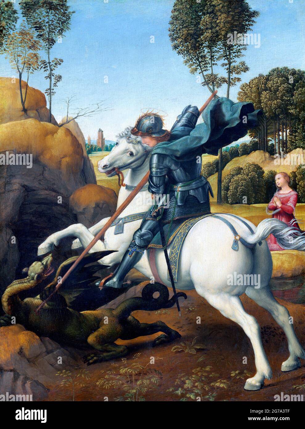 Saint George and the Dragon by Raphael, oil on panel, c. 1506 Stock Photo