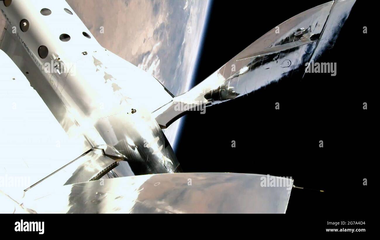 **Handout Image** Editorial Use Only** In this photo released by Virgin Galactic, VSS Unity in space during #Unity22 test flight on July 11, 2021. (Photo by Virgin Galactic) *** Please note: Fees charged by the agency are for the agency's services only, and do not, nor are they intended to, convey to the user any ownership of Copyright or License in the material. The agency does not claim any ownership including but not limited to Copyright or License in the attached material. By publishing this material you expressly agree to indemnify and to hold the agency and its directors, shareholders an Stock Photo
