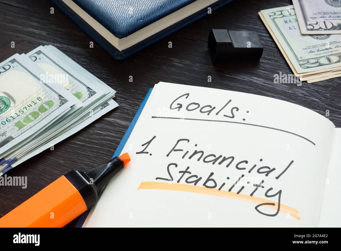 Written goals financial stability on the notepad page. Stock Photo