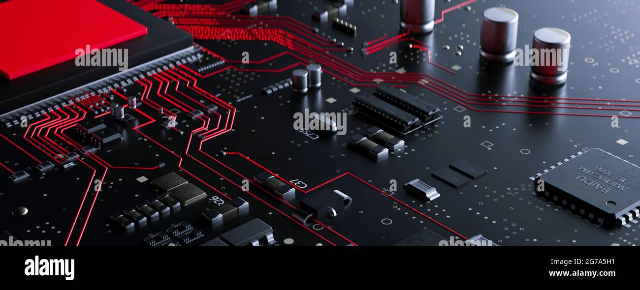 Modern circuit board with red conceptual information running from the  processor with a virus 3d render Stock Photo - Alamy