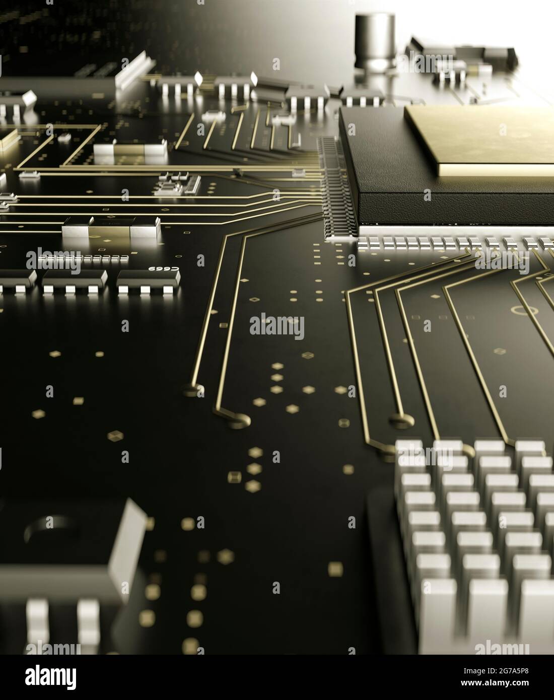 Modern electronic circuit board close up in gold 3d render Stock Photo ...