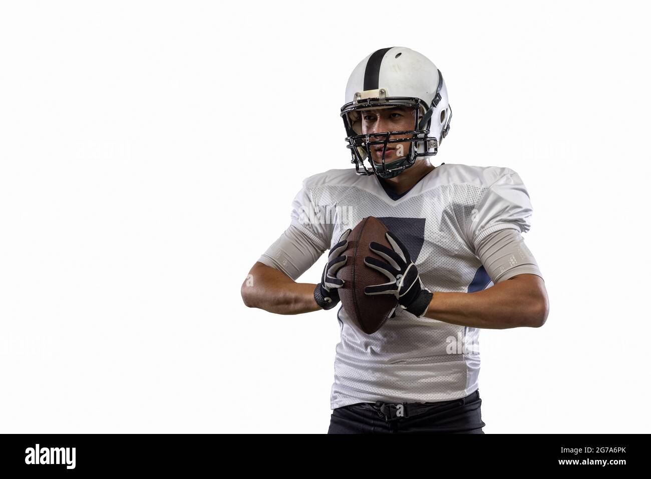 Close Up Young American Football Player Athlete Posing Isolated On White Studio Background Concept Of Professional Sport Championship Competition Stock Photo Alamy