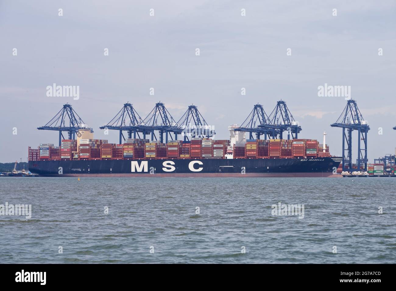 Container ship MSC Isabella docked at the Port of Felixstowe, Suffolk, UK. Stock Photo