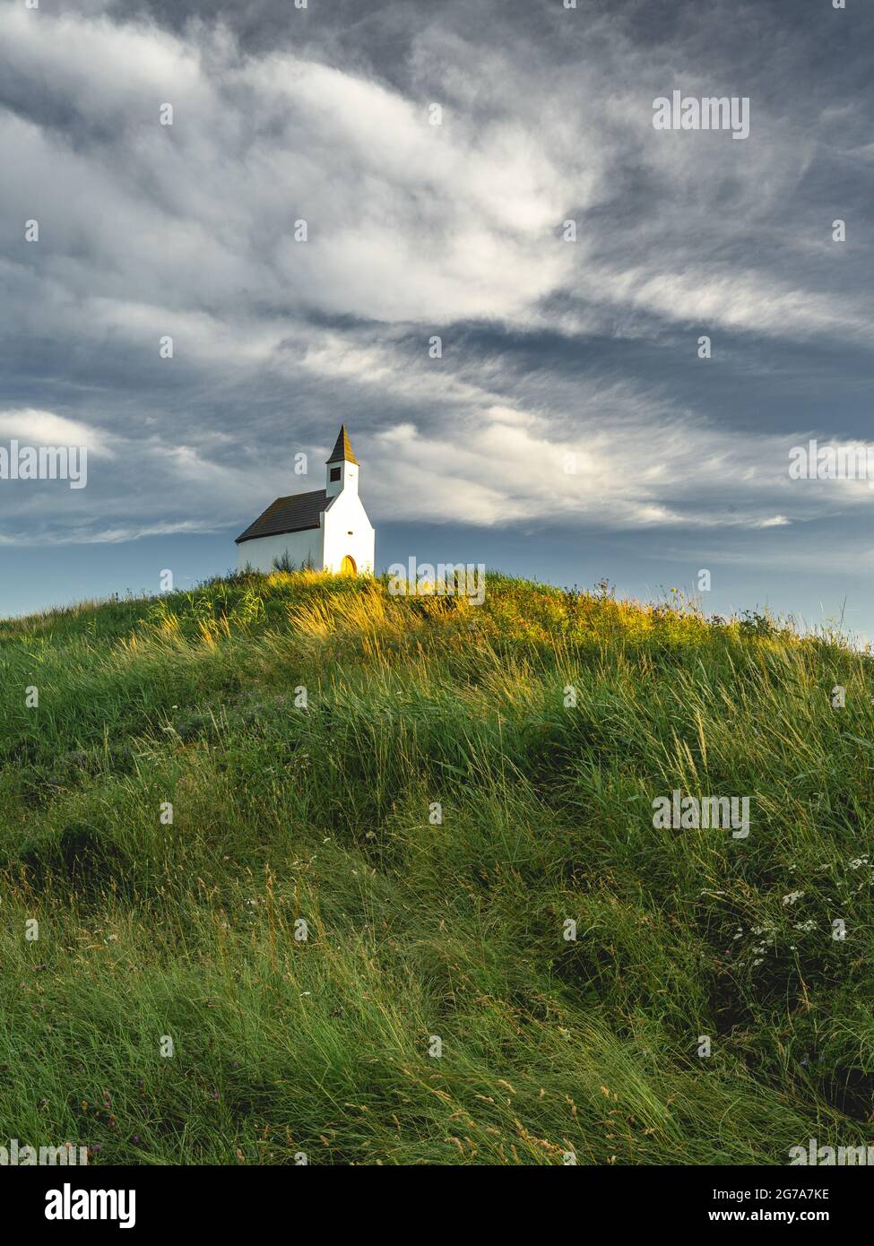 White little church on top of  the hill, De Terp Leidsenveen The Hague The Netherlands Stock Photo