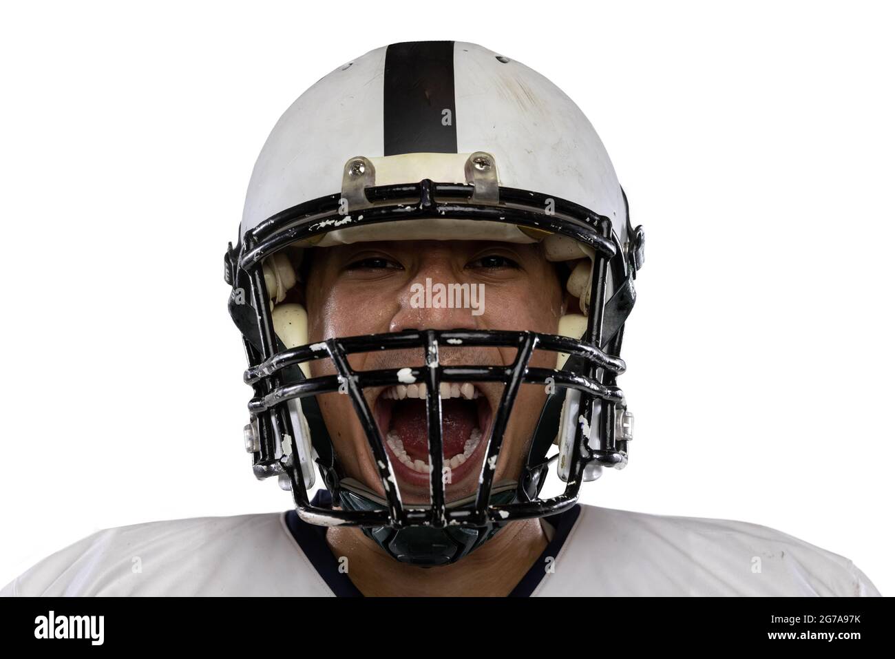 Close Up Young American Football Player Athlete In Helmet Shouting Isolated On White Studio Background Concept Of Professional Sport Championship Stock Photo Alamy