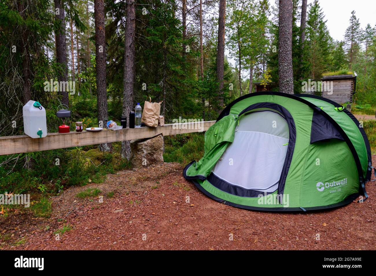 Tourist pop up tent on a parking place in Hamra National Park, Sweden Stock Photo