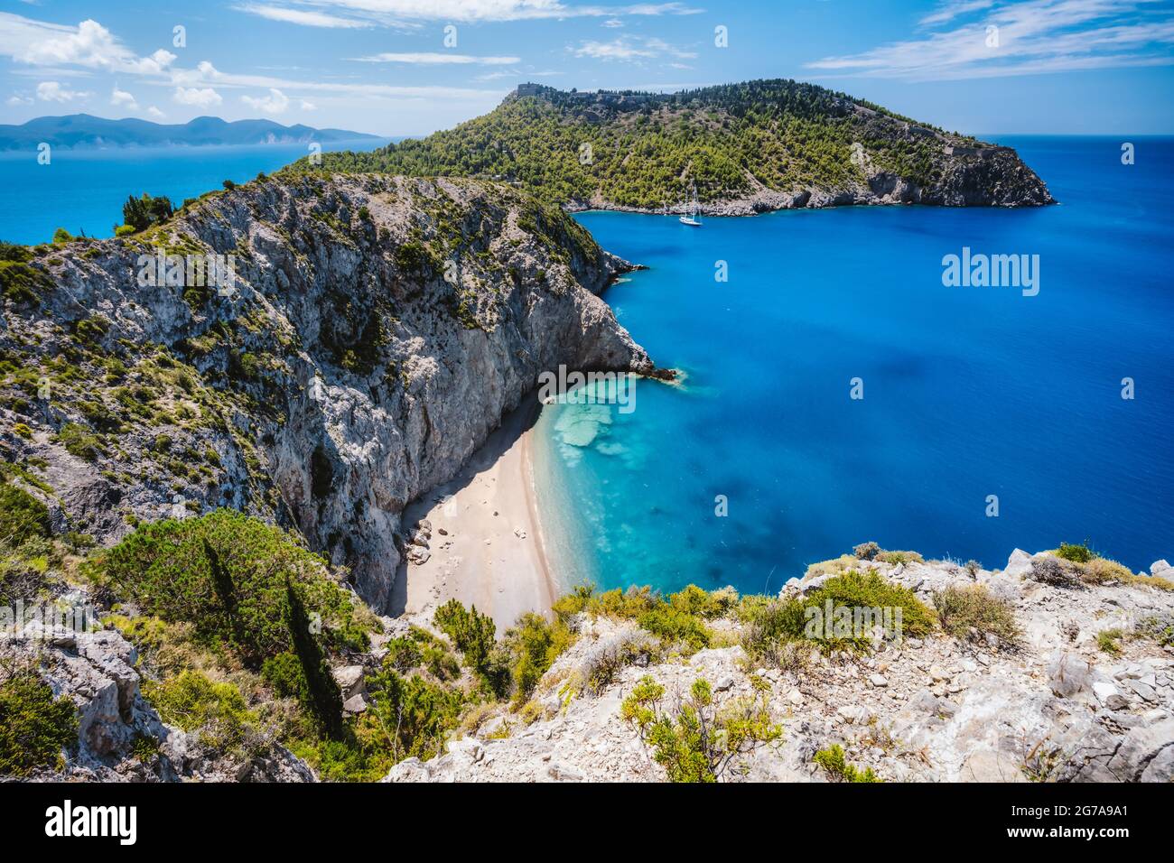 Aerial photo of beautiful and picturesque rocky coast close to Assos village on Cefalonia Ionian island, Greece Stock Photo