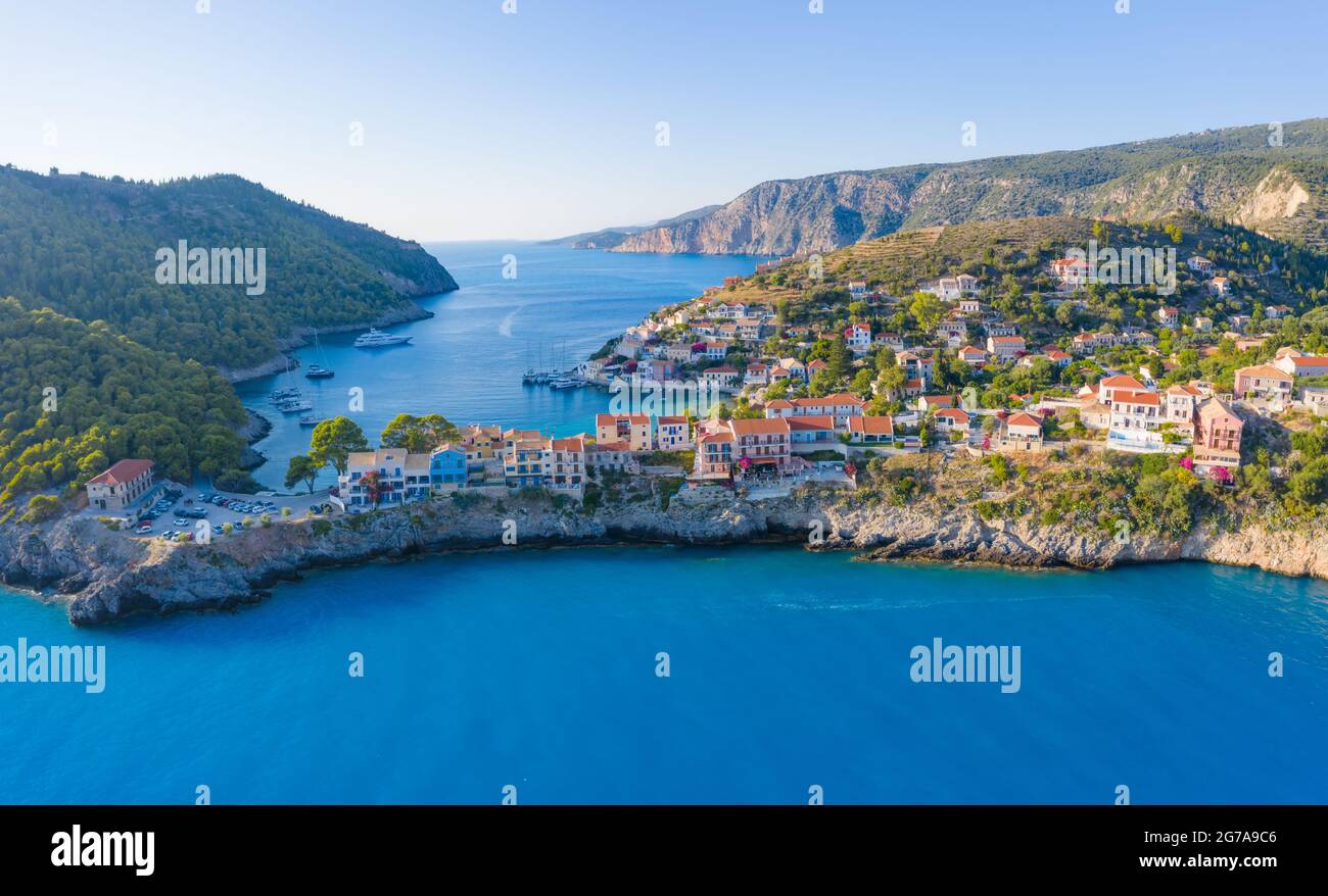 Aerial view of Assos in island of Cefalonia, Ionian, Greece. Aerial drone photo of beautiful and picturesque colorful traditional fishig village Stock Photo