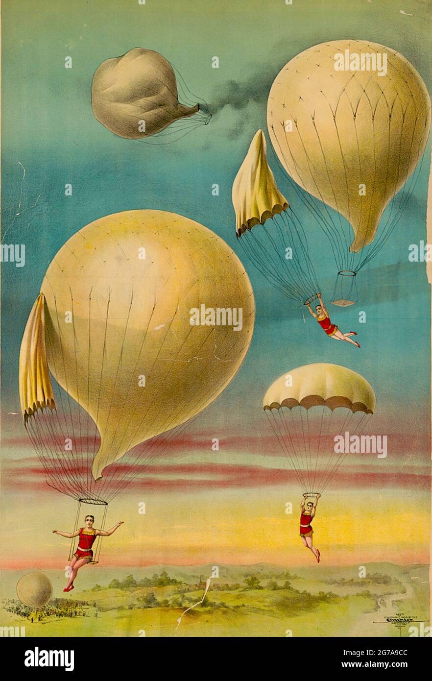 Parachuting from Balloons - c1900 Stock Photo