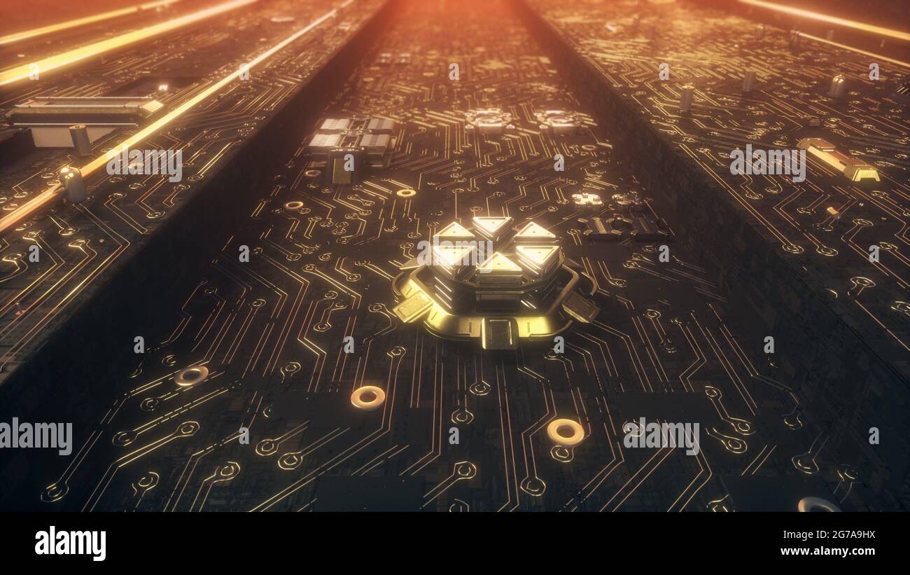 3D render of a motherboard with microchips, transistors and ...