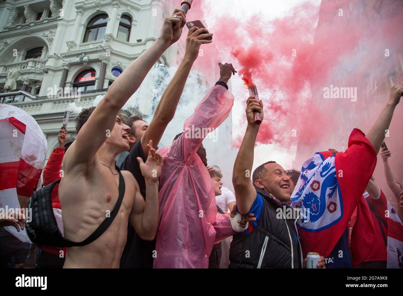 England Fans holding smoke flares ahead of the Euro 2020 Final England