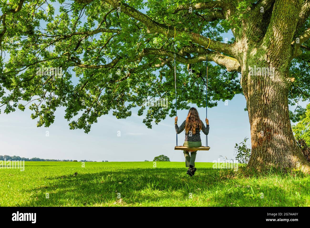 Woman on a swing by an oak tree Stock Photo