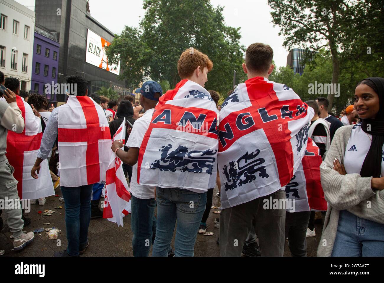 England fans congregate on Leicester Square ahead of Euro 2020 Final England vs. Italy. Stock Photo