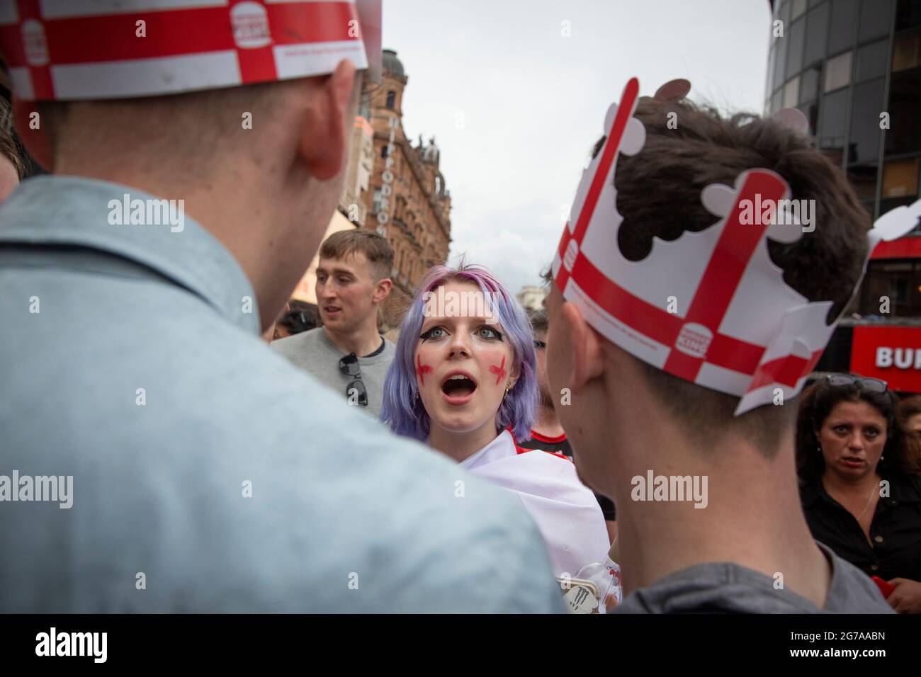 England fans congregate on Leicester Square ahead of the Euro 2020 Final England vs. Italy. Stock Photo