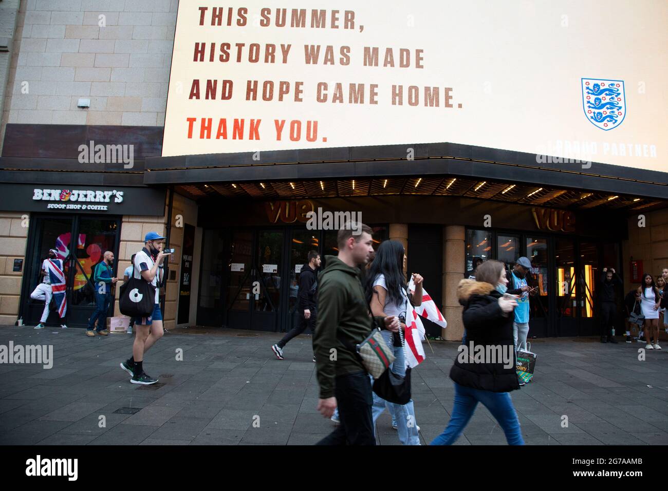 'This summer, history was made and hope came home. Thank you' - says an advert on London's Leicester Square ahead of the Euro 2020 Final England vs. I Stock Photo