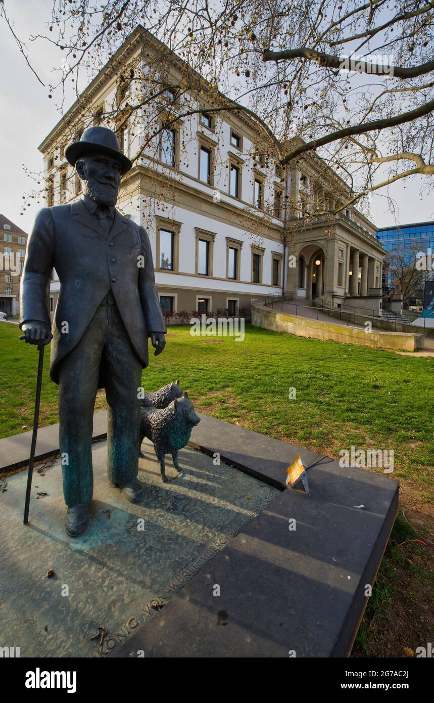 Statue of Wilhelm II and his Spitz dogs by Hermann-Christian Zimmerle, behind it Neues Stadtpalais, Stuttgart, Baden-Wuerttemberg, Germany Stock Photo